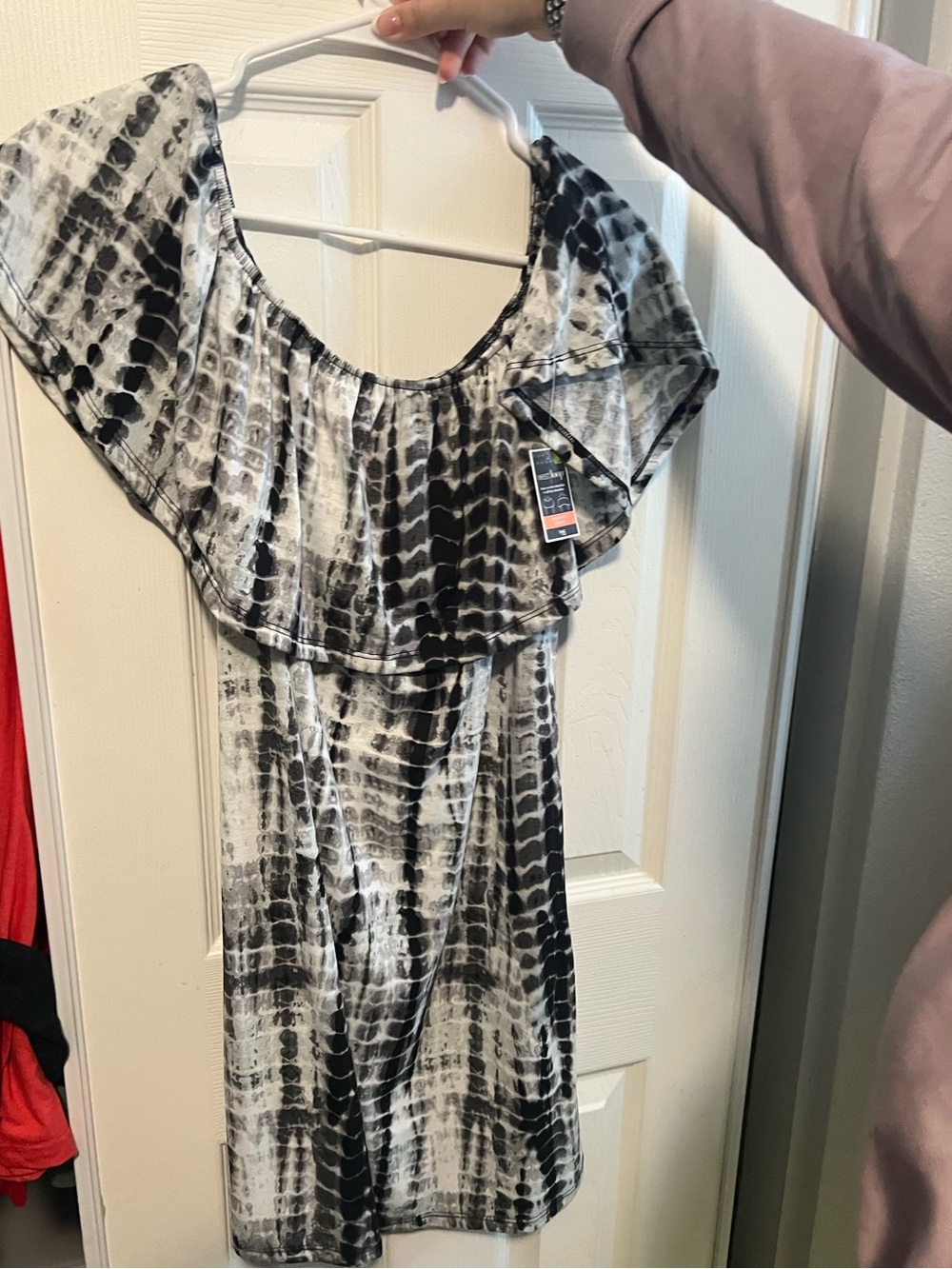 Black & White Tie-Dye Off-Shoulder Ruffle Dress